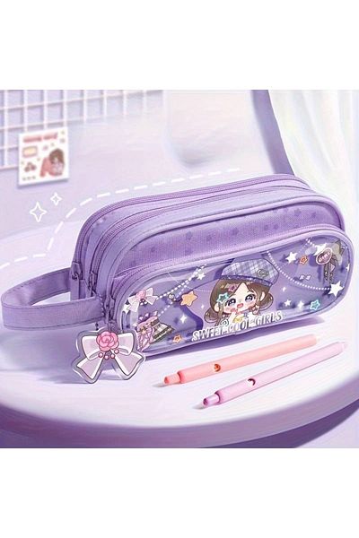 GlassySKY 3 Layer Large Capacity Transparent Sectioned Canvas Pencil Case Pen Holder Stationery