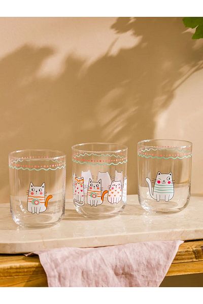 LC Waikiki Lcw Home Mixed Cat Printed Glass Cup Set of 3 350 ml Lcwk Store