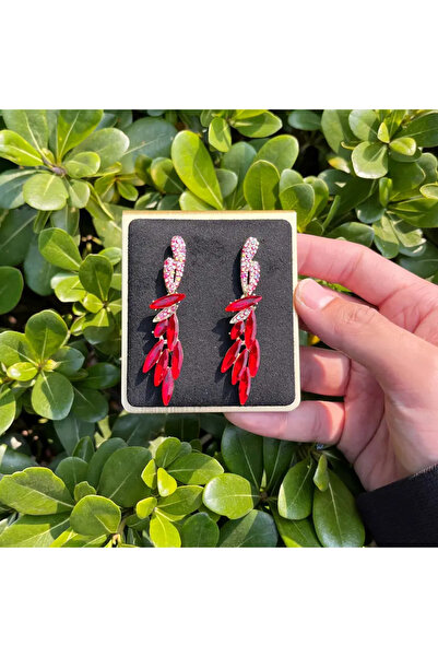 begüm jewelery KIRMIZI ZİRKON DAMLA TAŞLARLA İŞLENMİŞ TASARIM KÜPE