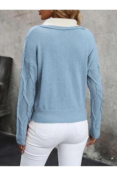 citystyle Pulover de damă cu model tricotat cu gât polo, albastru bebeluș