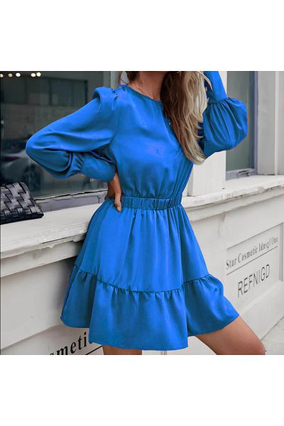 MODAVERA Women's Long Sleeve Crew Neck Ruffled Imported Crepe Dress with Elastic Waist