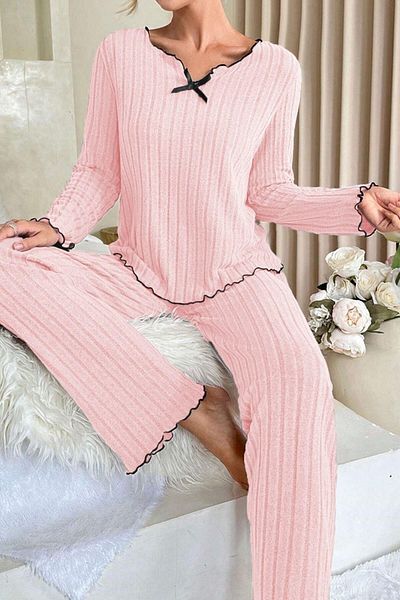 BELLA NOTTE Pink Cotton Bow Detailed Pajamas Set