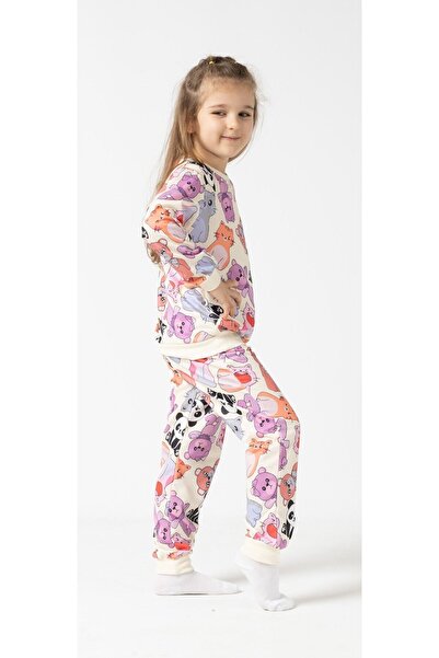 BUUFUU Сладък двоен костюм с дълъг ръкав за момиче с щампа на плюшено мече