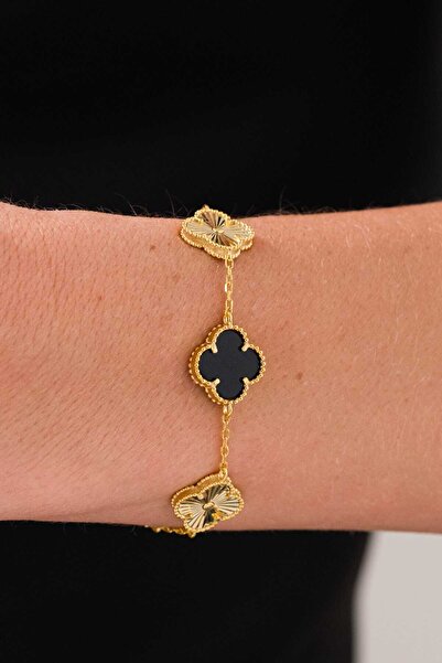 AcestesDesign Şans Yonca Model 5 Model Siyah Renk Taşlı ve Lazer Kalemli Zari...