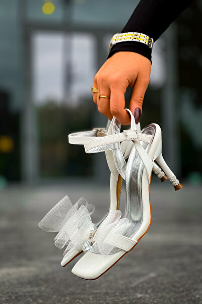 oyyo Bow Detailed Stone Silk Material Women's Heeled Shoes