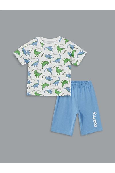 LC Waikiki Lcw Kids White Crew Neck Printed Boys T-Shirts and Shorts 2-Piece