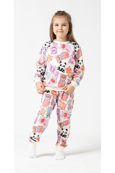 BUUFUU Сладък двоен костюм с дълъг ръкав за момиче с щампа на плюшено мече