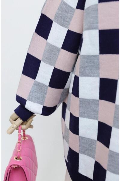 MACMODA Renkli Kareli Balon Kol Bisiklet Yaka Triko Tunik Pudra