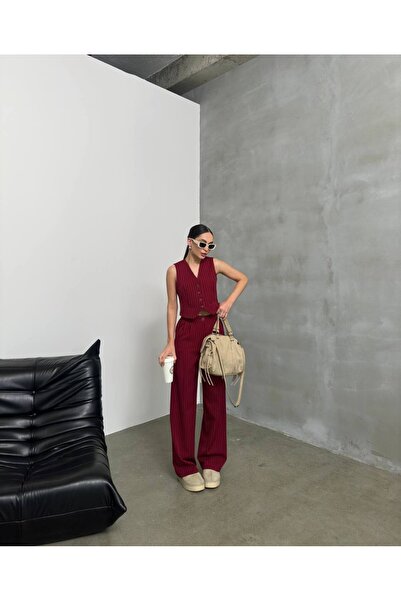 Bak'ap Palazzo Pants and Vest Two-Piece Set - Lined Stripe