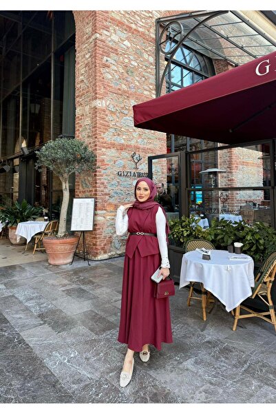 Miraydın Butik Burgundy Women's Belted Vest and Skirt Set - Hijab