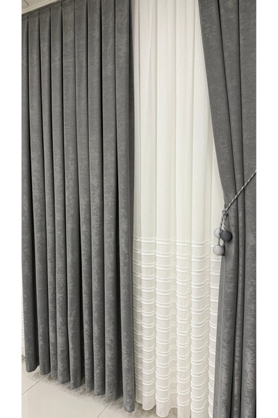 Fon Dünyası Velvet Textured Luxury Background Curtain Gray Tight Pleat (Single Wing)