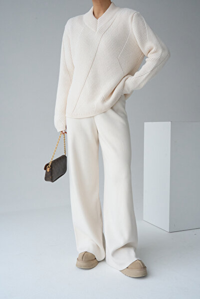LOOSH Kadın Krem Yüksek Bel Lastik Detaylı Geniş Paça Triko Pantolon