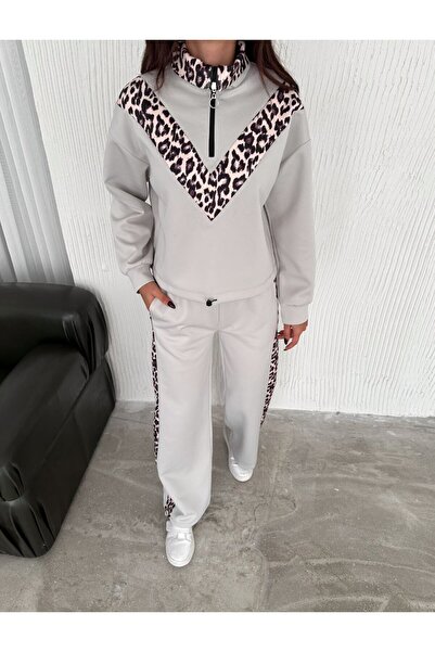 02Lady Fashion Leopard Garnish Straight Neck Zip Scuba Fabric Tracksuit Suit