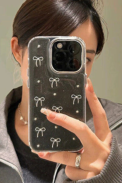 WANNA PROTECT iPhone 15 Pro Max Uyumlu Fiyonk Desenli Şeffaf Kapak Simli Darb...