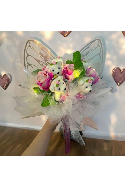 Home Pembe Kadife Güller ve Pelüş Ayıcıklarla LED'li Kelebek Buket (Not Yazıl...