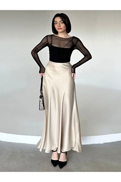 Yesui YENİ MODA Lüks Kalite Beli Lastikli Maxi Boy Uzun Saten Etek  100 CM