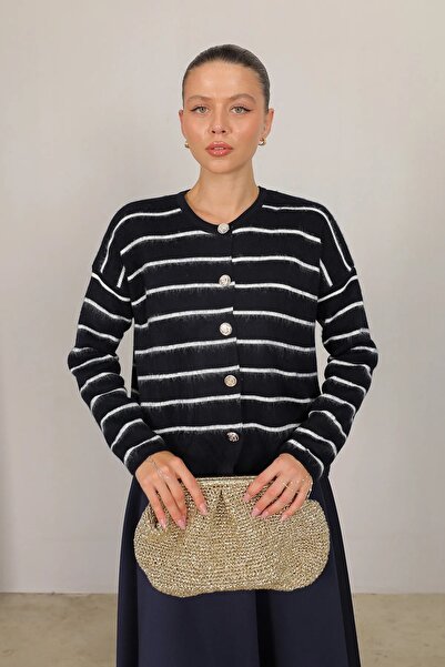 Miraydın Butik Kadın Etek Üstü Düğme Detaylı Çizgili Triko Hırka Tesettür - S...