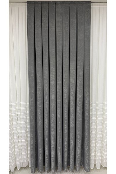 Fon Dünyası Velvet Textured Luxury Background Curtain Gray Tight Pleat (Single Wing)