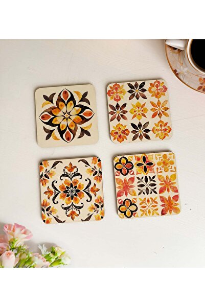 arslart قواعد أكواب خشبية بألوان زاهية مع نقش زهور - مجموعة من 4 قطع