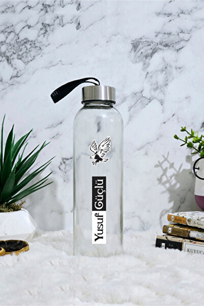 GUPSE Kişiye Özel İsimli Kara Kartal Tasarımlı Cam Su Şişesi & Matara Siyah Kılıf Hediyeli