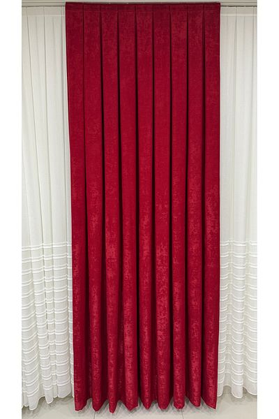 Fon Dünyası Velvet Textured Luxury Background Curtain Red Close Pleat (Single Wing)