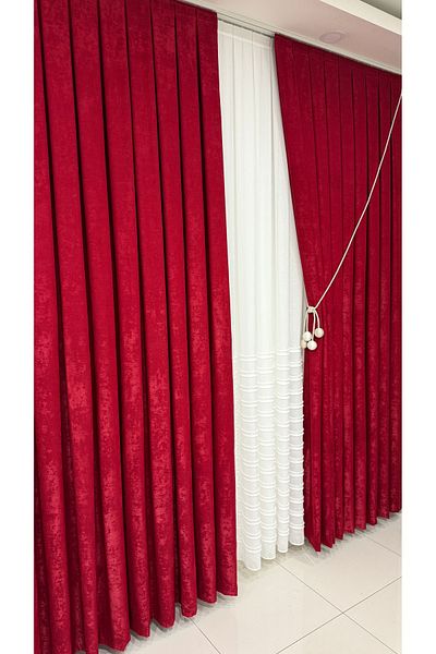 Fon Dünyası Velvet Textured Luxury Background Curtain Red Close Pleat (Single Wing)