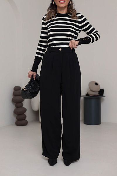 KAROL Wide Leg Gold Button Trousers Black