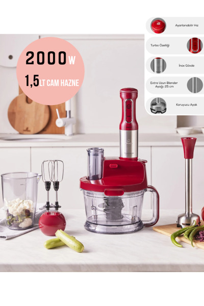 Karaca Çift Katlı 4 Kanatlı Paslanmaz çelik bıçaklar Turbo Özelliği 1,5Litre Hazne 2000W Mutfak Robotu