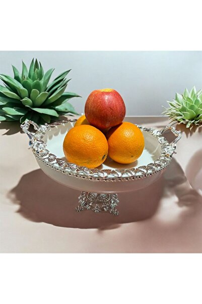 NADİR Ayaklı Gümüş Kek, Kurabiye, Pasta Tabağı, Servis Sunum Seti - 24 cm