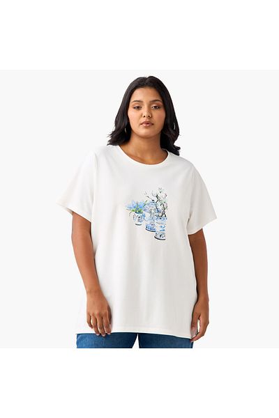 Ulla Popken Plus Size Printed T-shirt With Short Sleeves And Round Neck