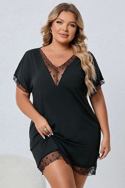DOSESA Plus Size Women's V-Neck Polka Dot Lace Detailed Comfortable Nightgown