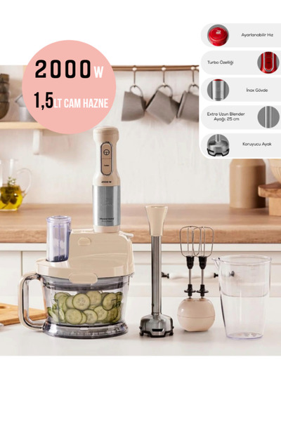 Karaca Çift Katlı 4 Kanatlı Paslanmaz çelik bıçaklar Turbo Özelliği 1,5Litre Hazne 2000W Mutfak Robotu