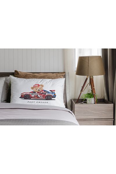 yok yok evim eve dair her şey Children's Patterned Pillow Case with Race Car Teddy Bear