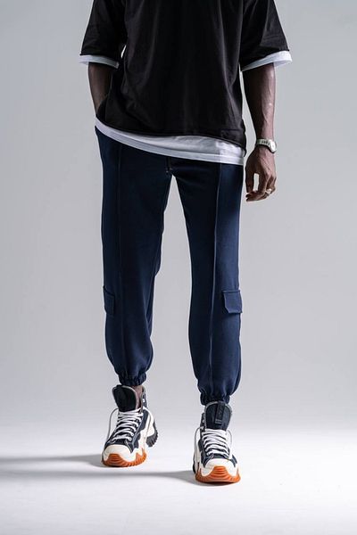 Superbluemexico Men's Stitched Elastic Navy Jogger Trousers