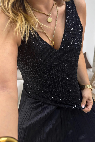 Genel Markalar V Yaka Payetli Bluz Siyah