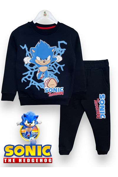 LİTTLE TORTOİSE Set de hanorac/pantaloni de trening cu mânecă lungă cu imprimeu sonic albastru pentru băiat