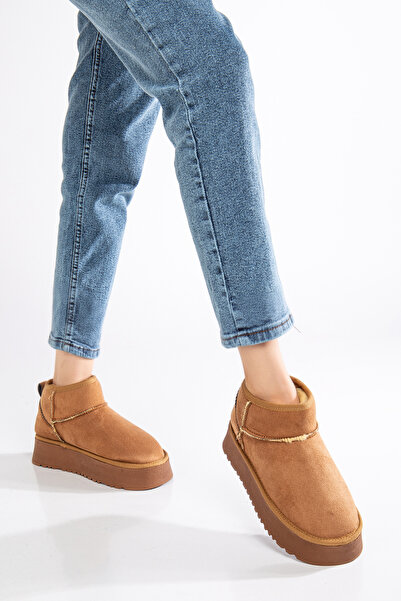 moun shoes KADIN TABA SÜET İÇİ KÜRKLÜ KALIN TABAN BİLEKTE KISA KADIN BOT & BOOTİE