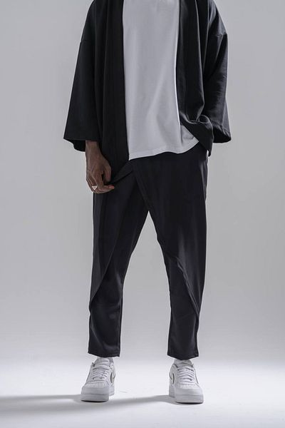 Superbluemexico Men's Loose Black Samurai Pants with Elastic Waist