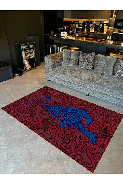 Rugs Modern Halı Emre Koleksiyonu Bordo Bitkilerin Arasında Mavi Kaplan Desen...