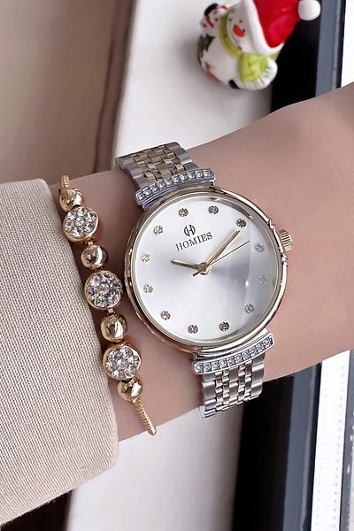 Homies Original Women's Wristwatch - Waterproof, Gold Silver Color, Steel Band + Bracelet Hmby2045C3