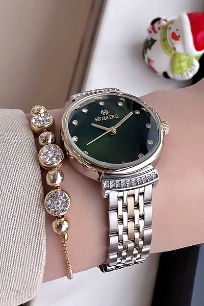 Homies Waterproof Gold Silver Women's Wristwatch - Steel Band & Bracelet Hmby2045C2