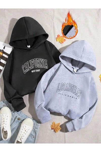 buendiakids Комплект от 2 блузи с качулка в черно и сиво с щампа California Westcoast за момичета/момчета