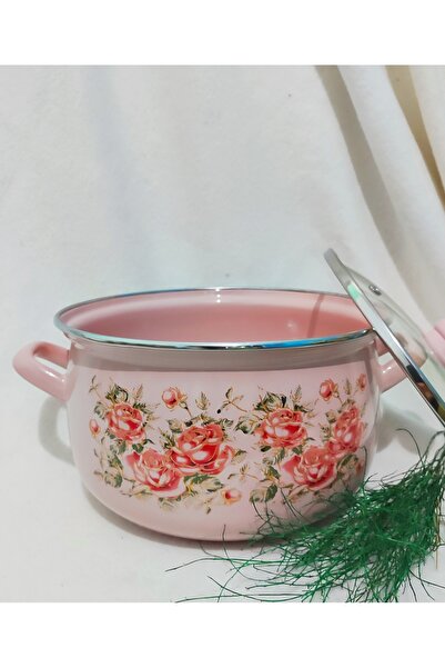 EBRULİEMAYE Red Rose Enamel Pink Pot 24 cm Diameter 5 Liter Milk Yogurt Soup Pot