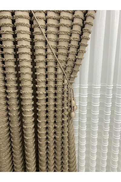 AlbiÜrün Bohem Style Striped Tasseled Glossy Linen Textured Fon Curtain