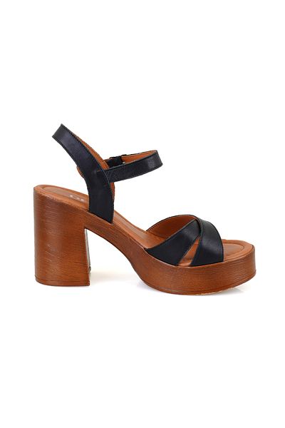 Desa Women's Black Platform Heeled Leather Sandals