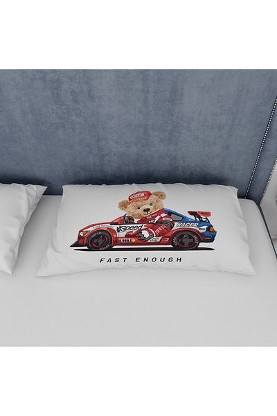 yok yok evim eve dair her şey Children's Patterned Pillow Case with Race Car Teddy Bear