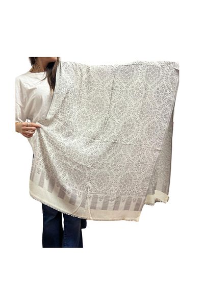 MODA White Ethnic Floral Pattern 100% Cashmere Shawl