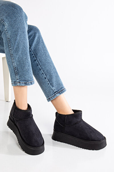 moun shoes KADIN SİYAH SÜET İÇİ KÜRKLÜ KALIN TABAN BİLEKTE KISA KADIN BOT & BOOTİE