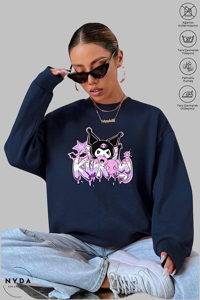 Nyda Collections Women's Long Sleeve Anime Kuromi Printed Crew Neck Hoodless Raster Oversize Sweatshirt