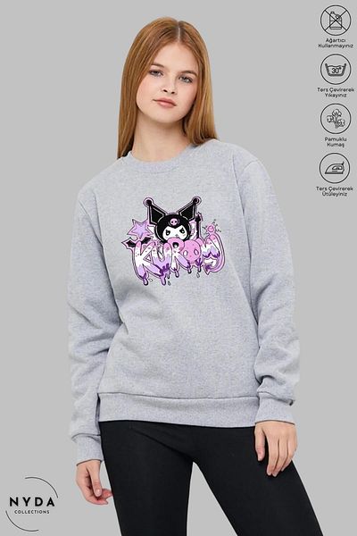 Nyda Collections Women's Long Sleeve Anime Kuromi Printed Crew Neck Hoodless Raster Oversize Sweatshirt